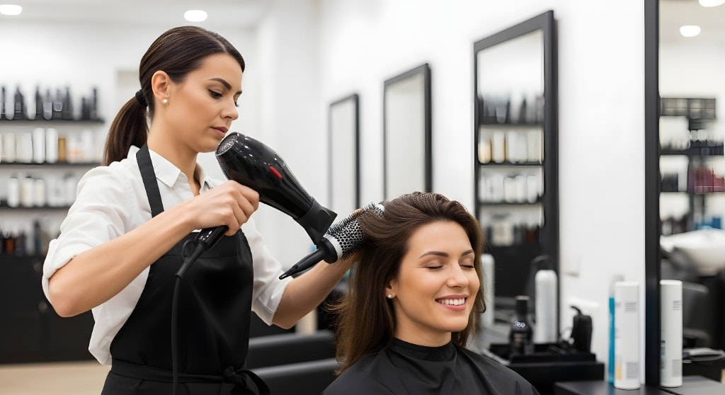 Salon stylist blow-drying a client's hair, businesses getting paid