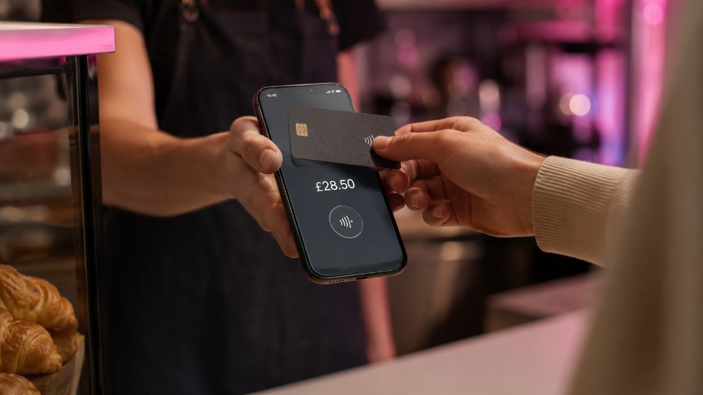 Customer tapping a contactless card on a phone showing Alvyn Tap to Pay for £28.50