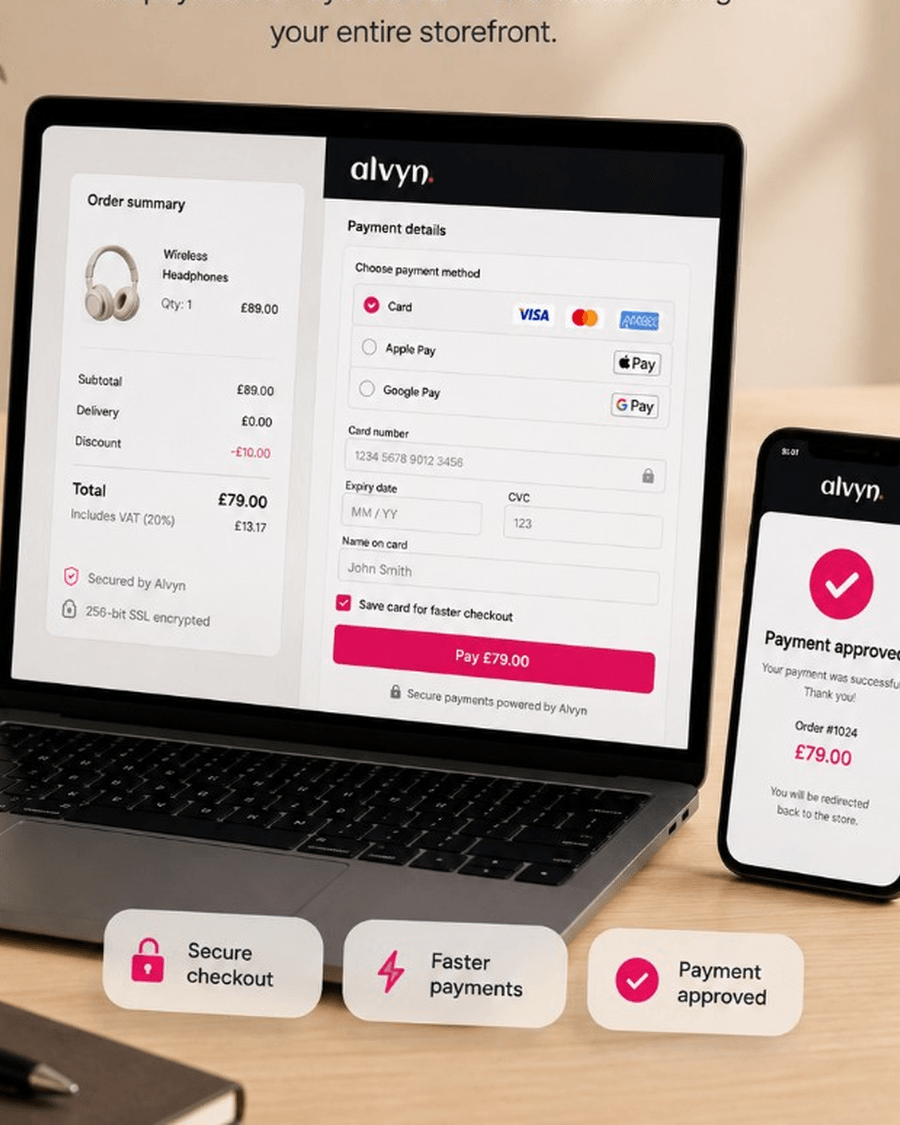 Alvyn checkout on laptop and payment approved on phone with secure checkout and faster payments