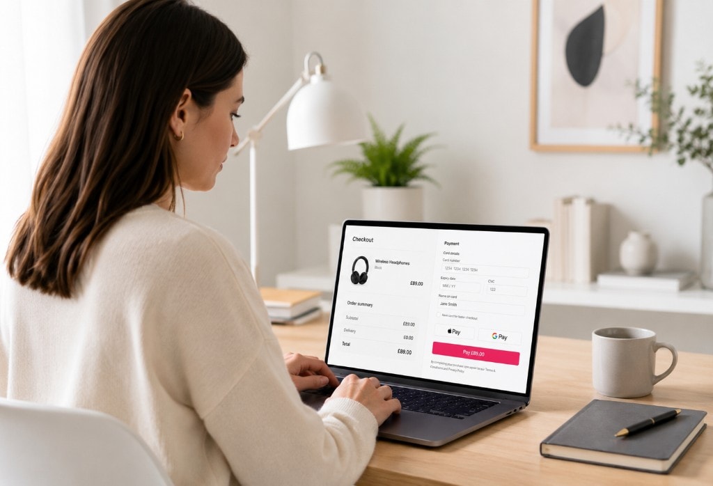 Shopper completing an Alvyn checkout on a laptop at a home desk