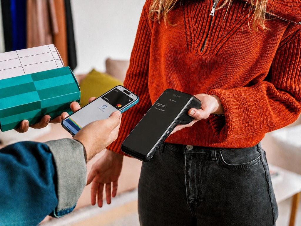 Customer tapping a phone wallet on a handheld payment terminal